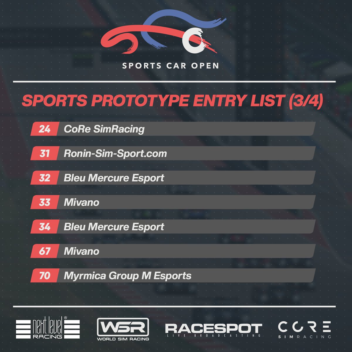 SportsCarOpen's tweet photo. After pre-qualifying last weekend, the Sports Prototype grid for the new season of #sco is set!⏱️

More details, including car choices and driver line-ups can be found at https://t.co/VuJde7CkFE.

#sportscaropen #iracing #esports #simracing #endurance #nextlevelracing https://t.co/DT3LcgCqQN