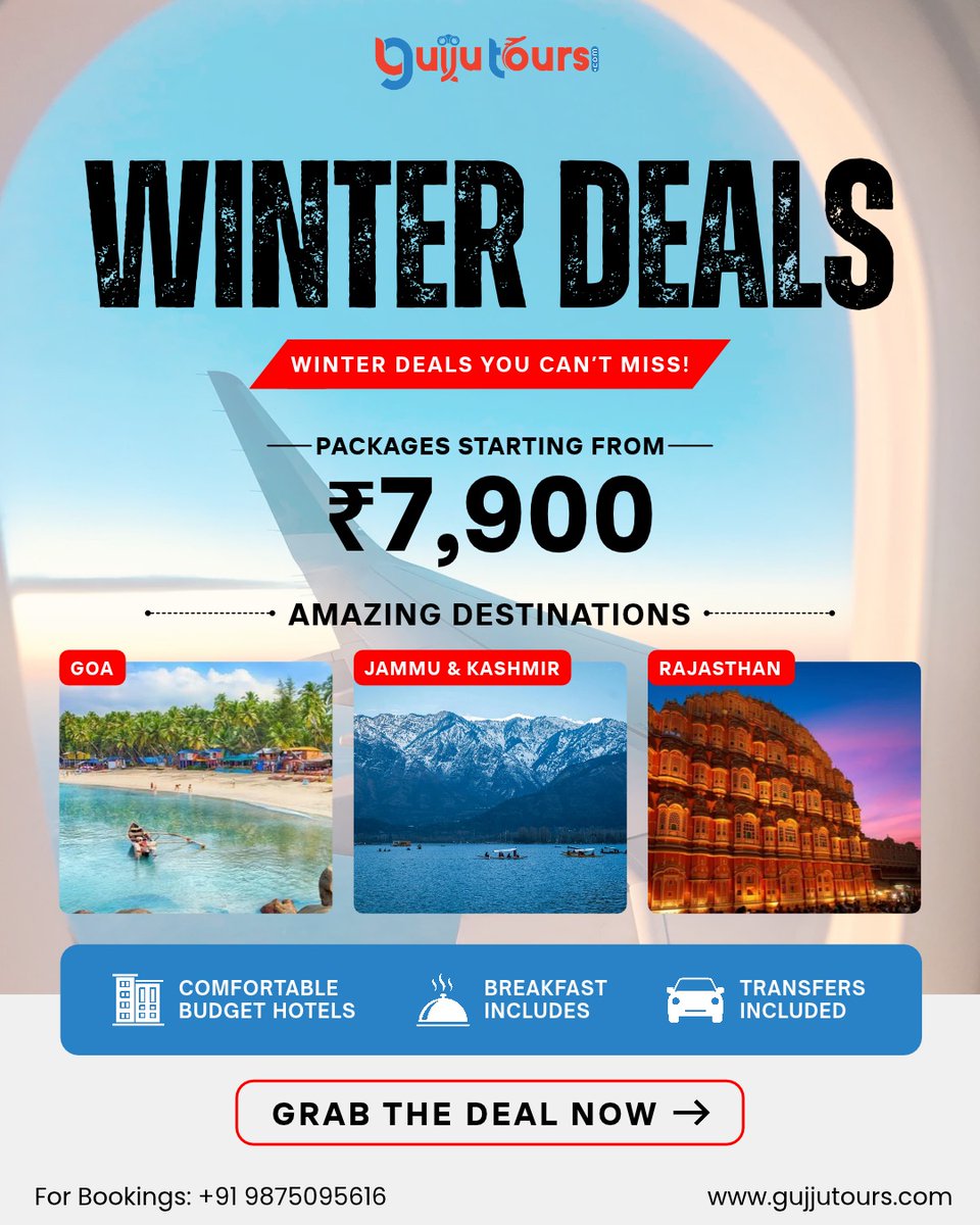Lavinia_2013_'s tweet photo. Winter deals are here with GujjuTours. Packages from ₹7, 900 to Goa, Jammu &amp; Kashmir, and Rajasthan, including budget hotels, breakfast, and transfers. Book now: +91 98750 95616 https://t.co/hEynXnfFsD