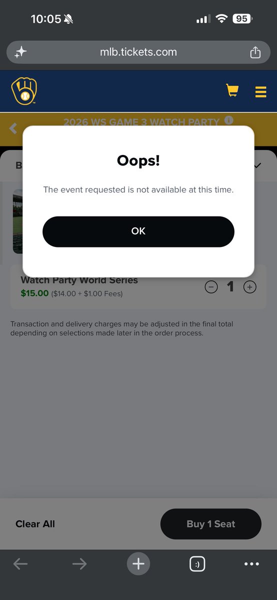 JenBirenbaum's tweet photo. @Brewers tried multiple sections right at 10am and got these messages. Why can’t real fans buy watch party tickets?? https://t.co/H0gsaTyZxT