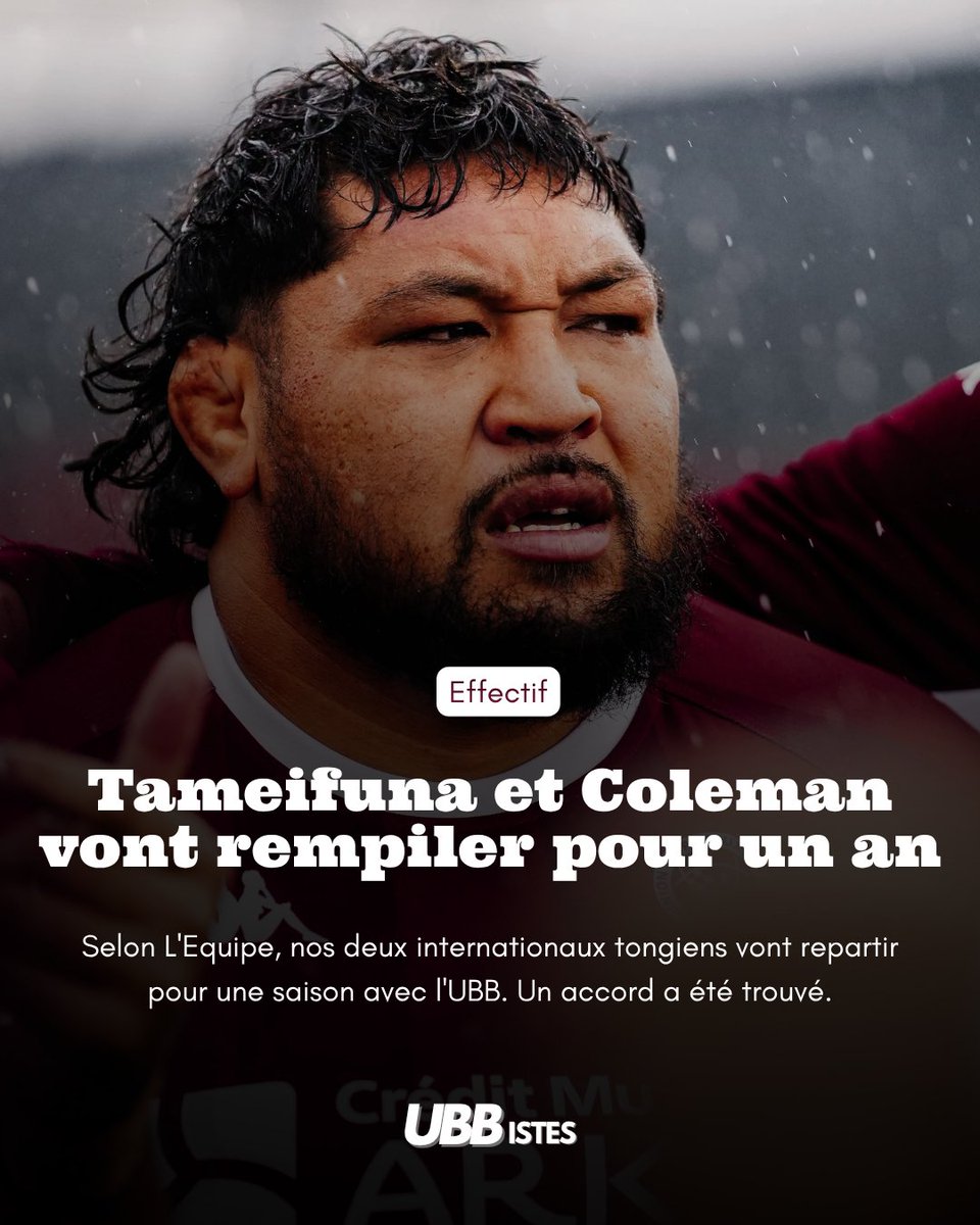 CySup's tweet photo. Selon L'Equipe, nos deux internationaux tongiens, Ben Tameifuna et Adam Coleman, vont repartir pour une saison avec l'UBB. Un accord a été trouvé. 🍇 https://t.co/CRyAUtfIBx