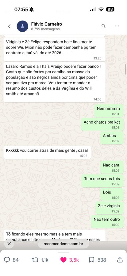 ZAMENZA's tweet photo. Flávio Carneiro sugere Taís Araújo e Lázaro Ramos para estrelarem uma publicidade de um banco ligado a Vorcaro, mas o banqueiro recusa e prefere a tigrinha: 

"São negros ainda por cima, o que pode ser positivo pra marca"

"Acho chatos pra kct. Ambos. Tem que ser Zé e Virginia." https://t.co/XYH3rfp7mL
