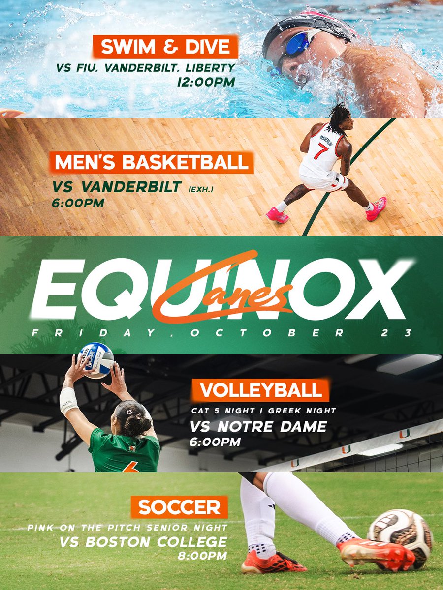 MiamiHurricanes's tweet photo. 4 teams. 1 day. Non-stop Canes action.

The Canes Equinox kicks off tomorrow starting at noon with Swim &amp; Dive, rolling all the way through Basketball, Volleyball, and Soccer! Check out the full lineup and pull up to support 🙌 https://t.co/OWwEWHBYAa