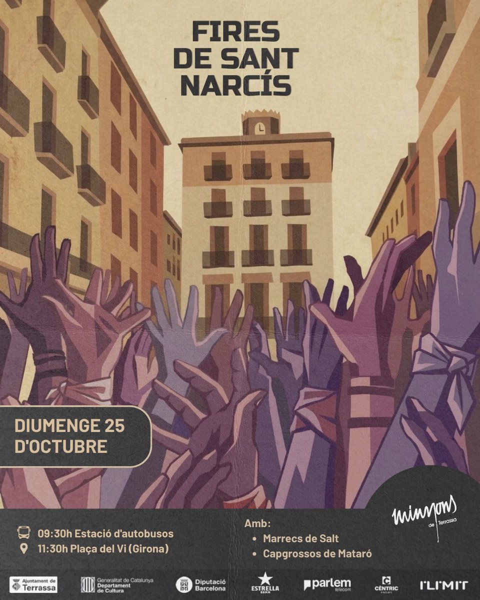 Minyons's tweet photo. Aquest diumenge actuarem a les Fires de Sant Narcís a Girona, amb @Marrecs i @capgrossos.

​📍 Plaça del Vi (Girona)
📅 Diumenge 25 d’octubre
🕛 11:30 h
🚌 09:30h (Estació d’autobusos)

#castells #TardorMalva #terrassa #forçamalva #somlacolla https://t.co/arlzPIjOg5