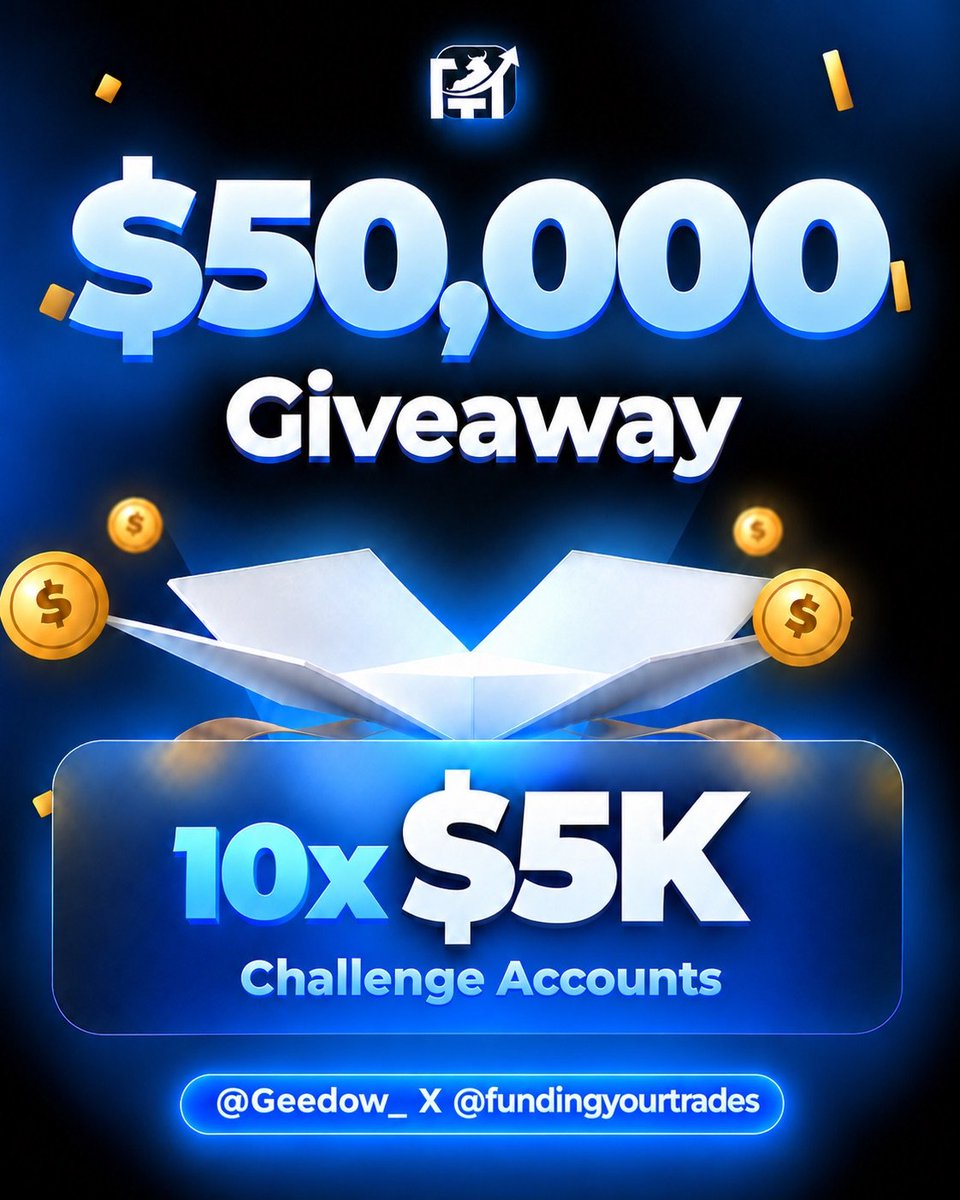 Geedow_'s tweet photo. 🎁 $50,000 GIVEAWAY 🎁

10 winners 10 × $5K Challenge Accounts
How to enter

✅ Follow @fundingurtrades &amp; @Geedow_
@Cigaaljigre @mo_zein8
❤️ Like and repost this post
👥 Tag 3 friends in the replies

⏳ Ends in 72 hours https://t.co/OjBraLF5VG