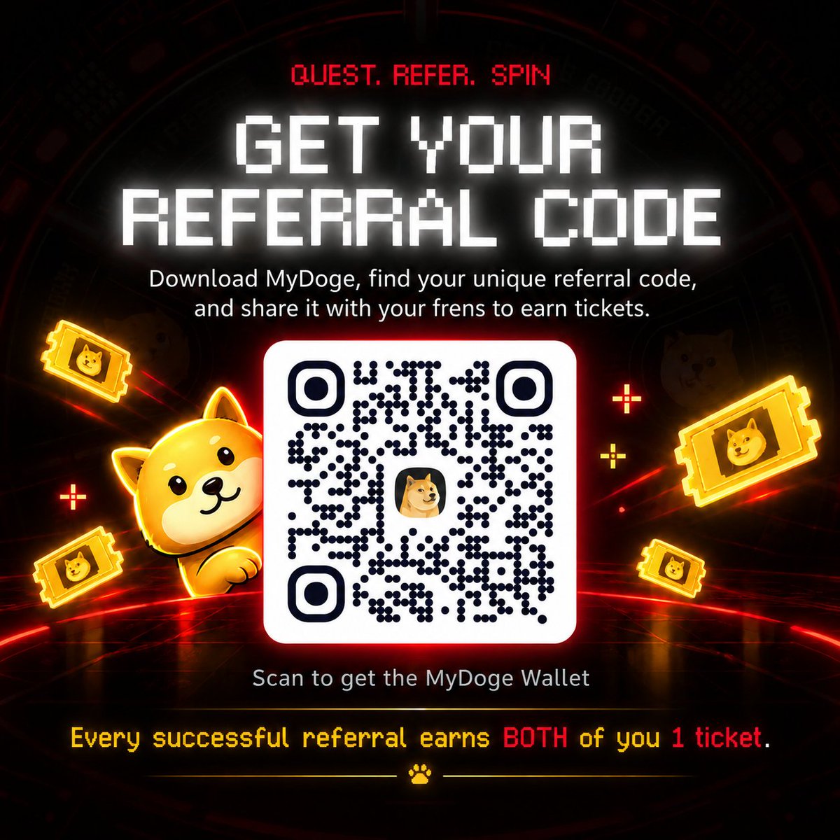 DogeOS's tweet photo. 2| Want more spins? Bring in the pack.

- Get the MyDoge Wallet.
- Find your unique referral code in the wallet.
- Share it with your frens.
- Every successful referral earns BOTH of you 1 ticket!

More frens. More spins. More loot. https://t.co/yFljc0oJEX