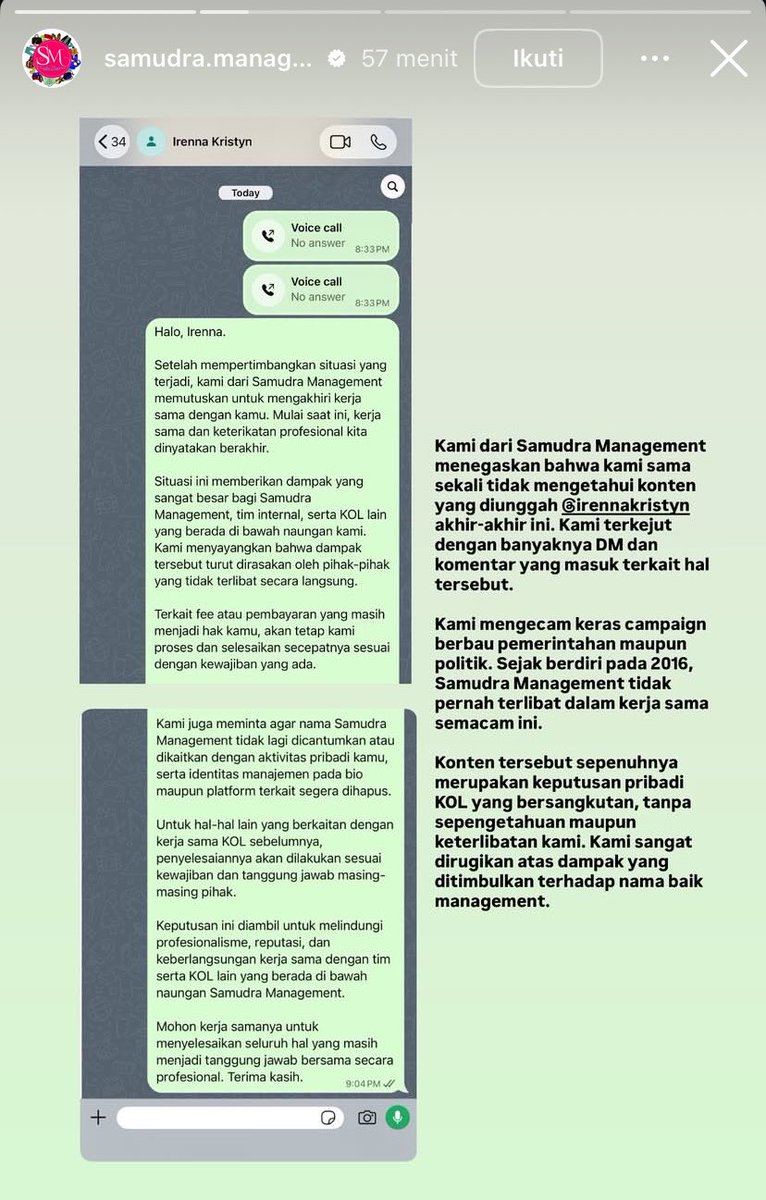 itszweedy's tweet photo. Dan berakhir dia dikeluarkan dari Samudra Manajement dan dapet pemutusan kontrak 😹😹

Mba Irenna, kamu ga bakal di keluarin kalo postingan kamu ga bermasalah, sampe akhir pun kamu masih kek ga mau banget disalahin (dilihat dari balesannya ke samudra).

Btw gercep banget sih samudra, tanpa bada basi langsung di cut! Good job!