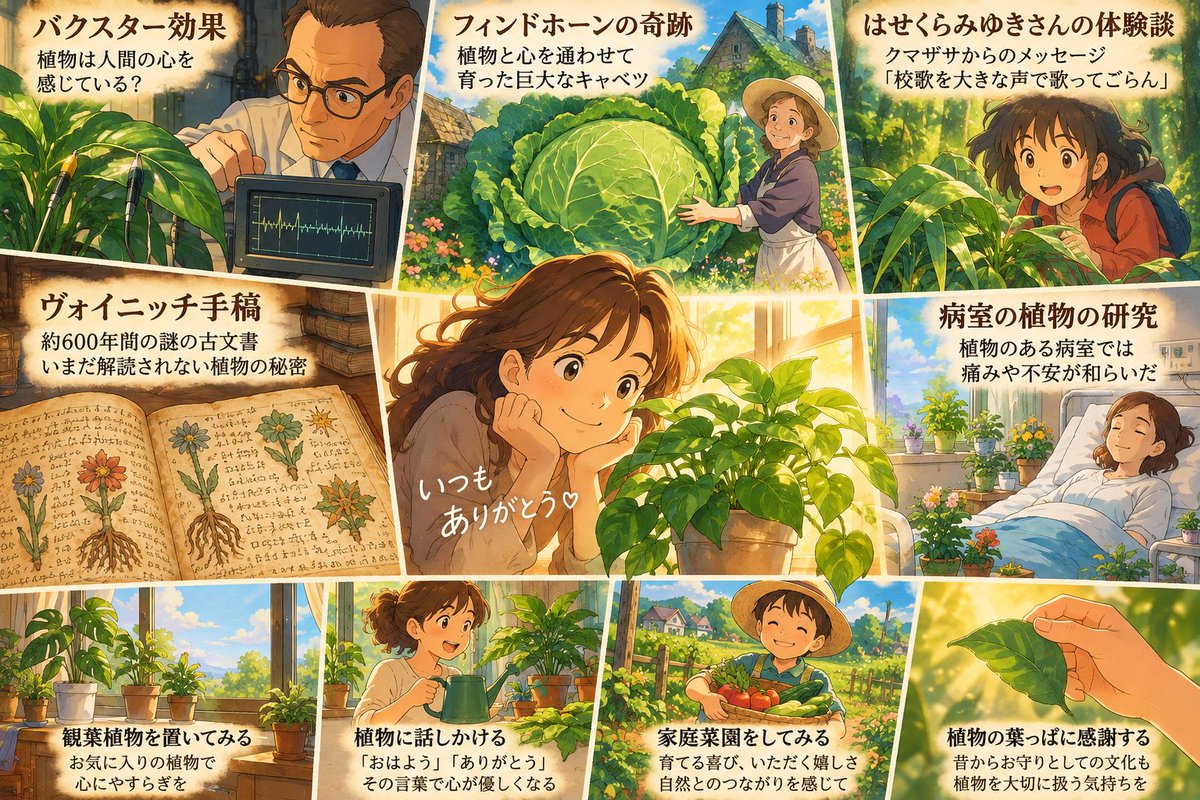 Hitoshi2103's tweet photo. 【永久保存版】植物は知的生命体だった!? 世界の不思議な実験と600年前の謎の古文書

わくわくさまー！

皆さん、こんにちは！

世界を変える豪運アドバイザー、まっちゃんです！

今日は、植物にまつわる、とんでもなく不思議なお話をしたいと思います！

皆さん、植物って、ただそこに生えているだけだと思っていませんか？

実は植物には、私たちが想像する以上にすごい能力があるんです！

植物は光や水を感じ取り、虫に食べられると電気信号などを使って防御反応を起こします。

脳はありませんが、周囲の環境に反応する能力を持っているんですね。

今日は、そんな植物の不思議な世界をご紹介します！

■ 植物は人間の心を読める？

1966年、アメリカのクリーヴ・バクスターさんが、植物に嘘発見器を取り付ける実験を行いました。

すると、植物の葉っぱを燃やそうと考えただけで、測定器の針が大きく動いたというんです！

えーっ！ 植物は人間の考えていることが分かるの？

これが有名な「バクスター効果」です。

ただし、その後の実験では安定した再現ができず、科学的に証明されたわけではありません。

それでも、植物と人間の関係を考えさせられる不思議なお話ですよね！

■ 植物と会話した女性！ フィンドホーンの奇跡

1962年、スコットランドのフィンドホーンという砂地で、ピーター・キャディさんたちが野菜づくりを始めました。

その仲間のドロシー・マクリーンさんは、植物や自然界の精霊「デーヴァ」と心を通わせていたと語っています。

すると、なんと約18キロもの巨大なキャベツが育ったという伝説があるんです！

もちろん、精霊の力が証明されたわけではありません。

でも、植物を支配するのではなく、植物と協力して生きるという考え方は素晴らしいですよね！

■ はせくらみゆきさんと植物の会話

日本の画家で作家の、はせくらみゆきさんにも不思議な体験談があります。

子どもの頃、北海道の山で迷子になってしまったとき、近くのクマザサから、

「校歌を大きな声で歌ってごらん」

というメッセージを受け取ったそうなんです。

そこで校歌を歌うと、先生が気づいて助けてくれたというんですね！

植物が実際に話したと確認されたわけではありませんが、自然とのつながりを感じる温かいお話です。

■ 600年前の謎！ ヴォイニッチ手稿

皆さん、「ヴォイニッチ手稿（しゅこう）」をご存じですか？

約600年前に作られたと考えられる、いまだ完全には解読されていない謎の古文書です！

現在はアメリカのイェール大学に保管されています。

そこには、見たこともない文字と、不思議な植物や薬草の絵がたくさん描かれているんです。

古代の医学書なのか、植物の秘密が記されているのか、いまだに謎なんですね。

600年前の人々が植物に何を見いだしていたのか、想像するだけでワクワクしませんか？

■ 病室に植物を置いたら痛みが和らいだ!?

2009年、アメリカのカンザス州立大学の研究で、手術後の患者さん90人を対象に調査が行われました。

すると、植物のある病室では、痛みや不安、疲労感が少ないなどの良い結果が報告されたんです！

植物が直接病気を治すという意味ではありませんが、緑のある環境が心と体の回復を支える可能性があるんですね！

■ 今日からできる植物との付き合い方

皆さんも、ぜひお気に入りの観葉植物を置いてみてください。

そして毎朝、

「おはよう！ 今日もありがとう！」

と話しかけてみるんです。

家庭菜園で野菜を育てるのも素晴らしいですね！

植物が言葉を理解していると証明されたわけではありませんが、感謝を伝えることで、自分自身の心が優しくなるかもしれません。

昔から葉っぱをお守りにする文化もあります。ただし、植物によっては毒やかぶれの危険もあるので、むやみに肌につけないでくださいね。

■ 植物が教えてくれる人生の極意

皆さん、植物って本当にすごいですよね！

自分で歩くことはできなくても、太陽の光を浴び、根を張り、毎日一生懸命に生きています。

そして私たちに、酸素や食べ物、美しい花、心の安らぎまで与えてくれています。

私たちは、そんな植物にどれほど感謝しているでしょうか？

植物に人間と同じ感情があるかどうかは、まだ分かりません。

でも、大切な命であることに変わりはありません。

ぜひ今日から、身近な植物に、

「いつもありがとう！」

と伝えてみてください。

もしかすると、植物を癒やしているつもりが、一番癒やされているのは自分自身かもしれませんね！

今日も皆さんの人生が、笑顔と感謝でいっぱいになりますように！

世界を変える豪運アドバイザー、まっちゃんでした！

わくわくさまー！

弥栄（いやさか）！