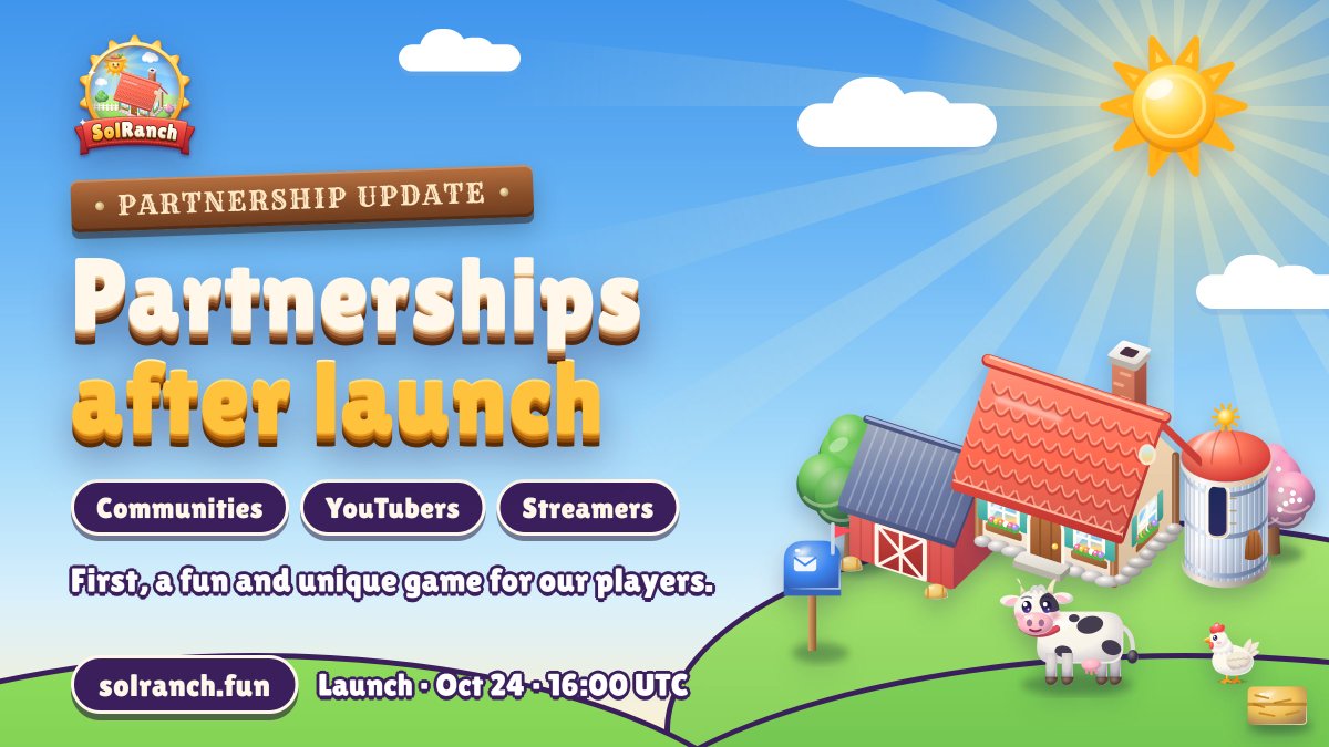 SolRanch's tweet photo. Partnership update

Thanks to every community, YouTuber and streamer reaching out to us.

All partnerships will start after launch. Right now, our focus is delivering a fun, unique game for our players first.

Launch: Oct 24, 16:00 UTC
https://t.co/FK3LTtlh1E https://t.co/z8rpe0S6p1