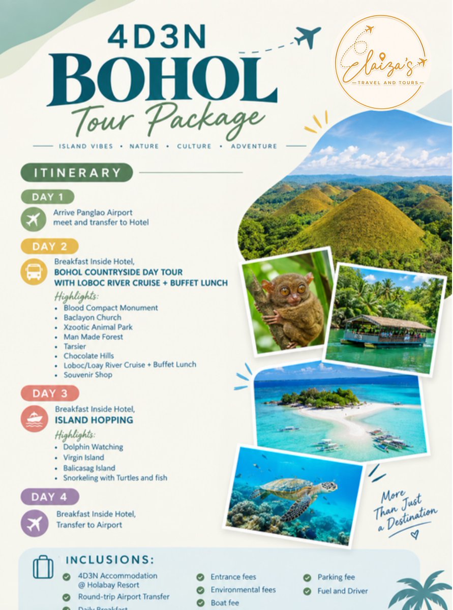 Ylmara_'s tweet photo. 4D3N Bohol Tour Package

Explore Chocolate Hills, tarsiers, Loboc River Cruise, dolphin watching, Virgin Island, Balicasag, and turtle snorkeling. Includes accommodation, transfers, breakfast, private tour, fees, boat, gear, and more. Message us https://t.co/BEwX5Nn2dO