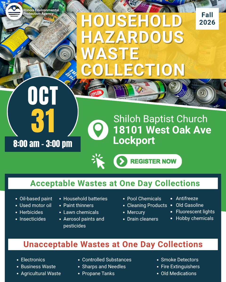 ILEPA's tweet photo. 🛢️ Lockport area residents! Safely dispose of your HHW next weekend at Shiloh Baptist Church, 8 AM to 3 PM. Collections are open to all Illinois residents. Pre-registration is required.
 
Check accepted items &amp; register here 👉 https://t.co/Yp13MOf4sJ https://t.co/gHD9KiEtSG