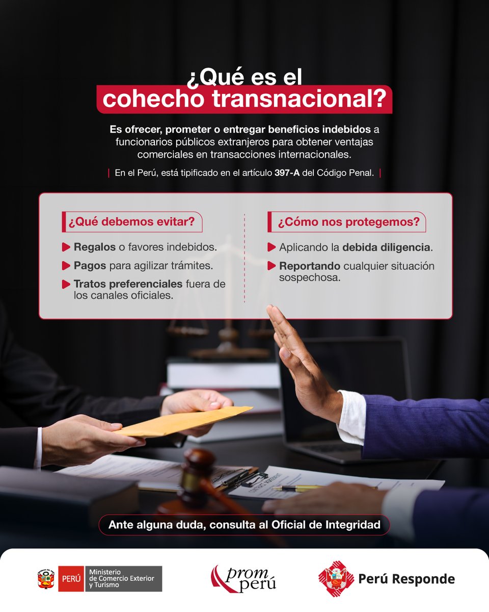 Promperu's tweet photo. 🚨 ¿Sabías que el cohecho transnacional o soborno a funcionarios extranjeros es un delito grave en el Perú? Puede ser sancionado con penas privativas de libertad, multas severas e inhabilitación para personas naturales y jurídicas. https://t.co/pwz8CjiJBI