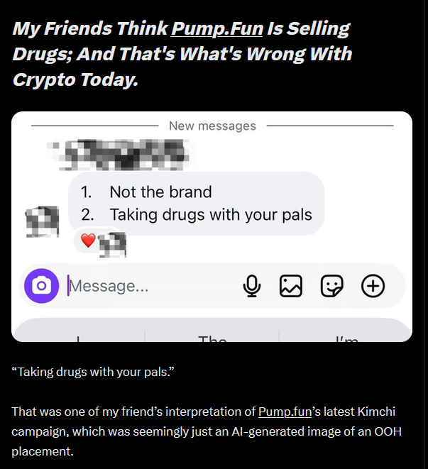 ShekCreator's tweet photo. With an estimated 1.3B people still unbanked, surely crypto has a better value proposition and invitation then to 'be the next kimchi'. 👇

I don't know who needs to read this today, but this is not how we onboard 'normies' into crypto. https://t.co/vPvpPNJUIA