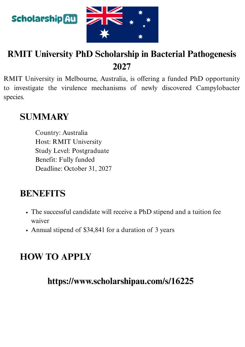 scholarshipau_'s tweet photo. RMIT University PhD Scholarship in Bacterial Pathogenesis 2027.
#AustraliaScholarships #StudyInAustralia #ScholarshipOpportunities https://t.co/hKVtPJbhAs
