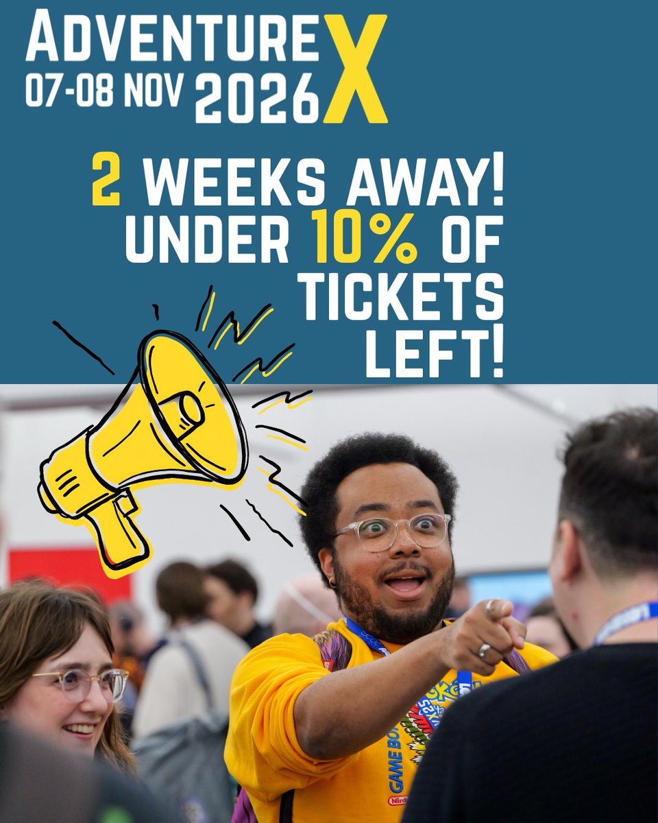 AdvXConf's tweet photo. 2 weeks from now, you could be in London connecting with narrative and adventure game fans, developers, and industry professionals at #AdvX26!

Less than 10% of tickets left. Make your plans for a great weekend of your favorite games and game devs now: https://t.co/54EnMxrRX0 https://t.co/zyxDPYN2M6
