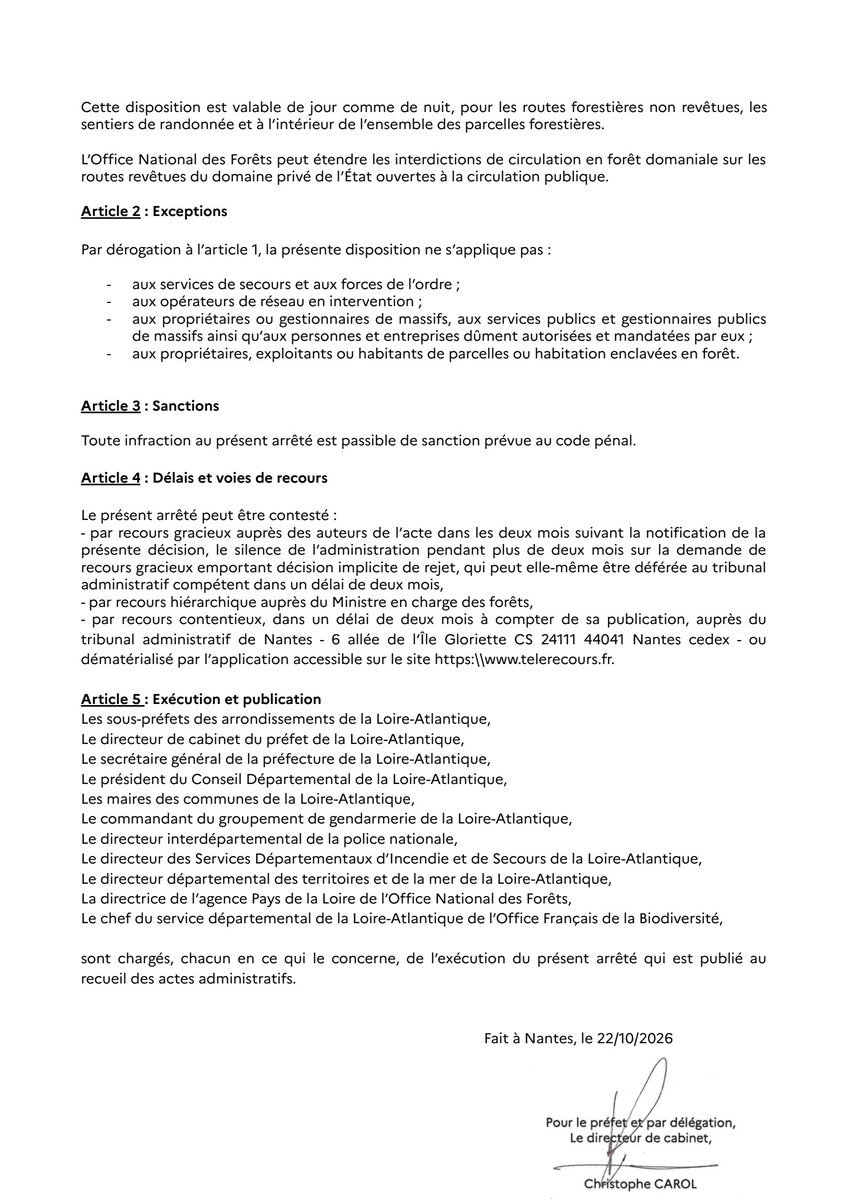 Prefet44's tweet photo. #Information | L’accès, la circulation et la présence du public dans l’ensemble des massifs forestiers qu’ils soient publics ou privés mais ouverts à la circulation du public sont interdits dans le département de la Loire-Atlantique quel que soit le moyen d’accès du 23 octobre 2026 à 00h00 au 23 octobre 2026 à 14h00.