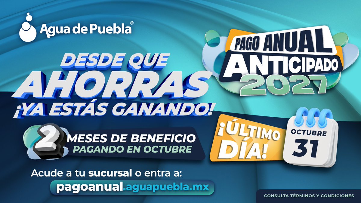 EsImagen's tweet photo. 💧📣 ¡Puebla, que no se te pase! Haz tu Pago Anual Anticipado 2027 y regístrate en https://t.co/LGKBgJNeu3 ¡Prepárate para grandes sorpresas! 🎉
#PagoAnual2027 #Puebla #AguaDePuebla https://t.co/GoTmztkehW