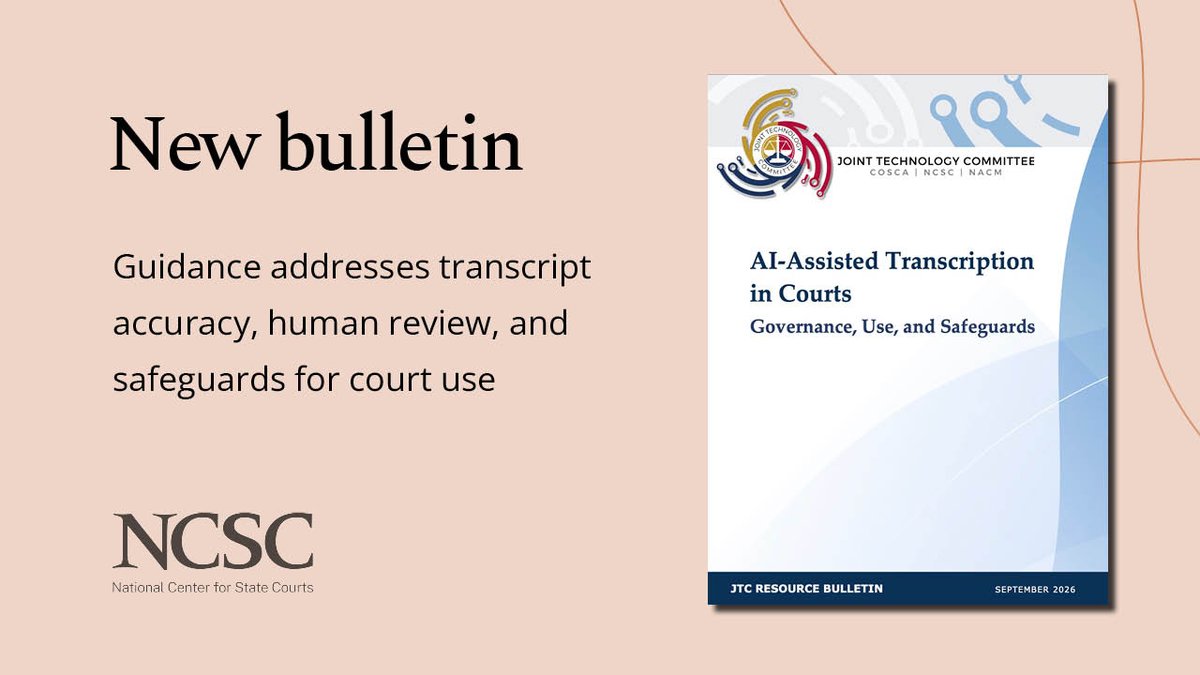 StateCourts's tweet photo. When AI generates a court transcript, what makes it an official record?

A new Joint Technology Committee bulletin explores that question, with guidance on accuracy, human review, confidentiality, and distinguishing AI-generated drafts from the official record. https://t.co/tzeq4h9pdy