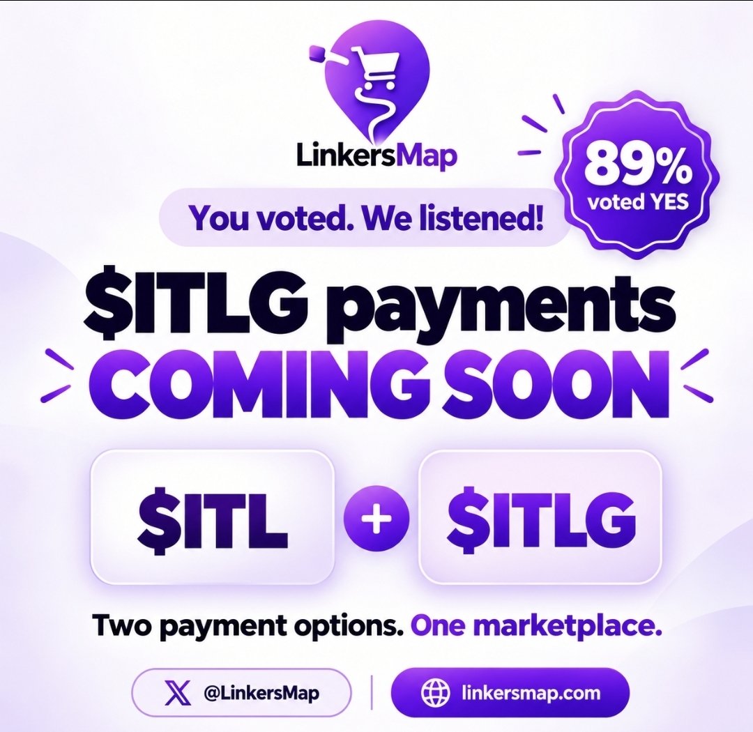 Dr_Picoin's tweet photo. You voted, and we listened! 🗳️✅

With 89% voting “Yes” in our recent poll, we are integrating $ITLG as a payment method on LinkersMap @LinkersMap alongside $ITL.

Once the integration is live, you will be able to pay with either $ITL or $ITLG. 🛍️

We will keep you updated and announce when $ITLG payments go live.

Follow @LinkersMap for more updates! 🚀

@kv_interlink @Dr_Picoin @itl_fdn @inter_link