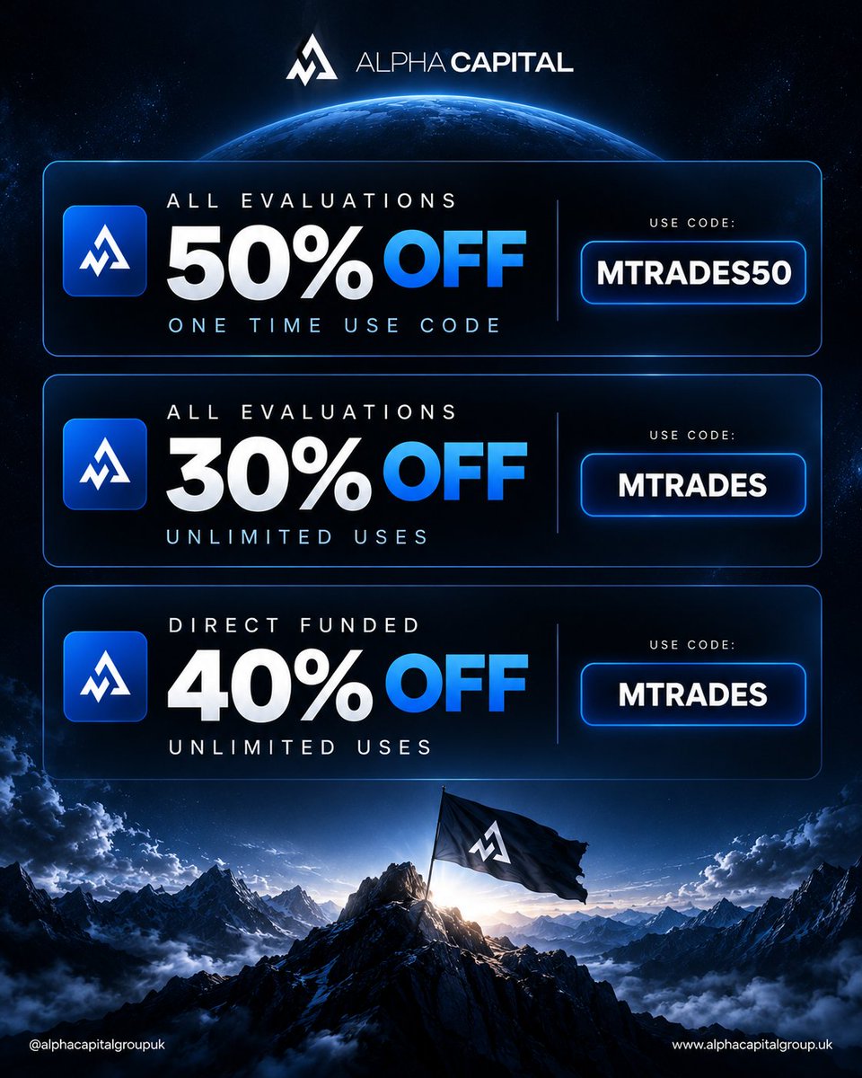 mcrt1n's tweet photo. 🔥 50% OFF Alpha Capital Group Evaluations!
Code → MTRADES50 (One-Time Use)

⚡ Already used it?

Get 20–40% OFF with unlimited uses!
Code → MTRADES

Pay less at @AlphaCapitalUK 👇 https://t.co/pQDbS12Uqg