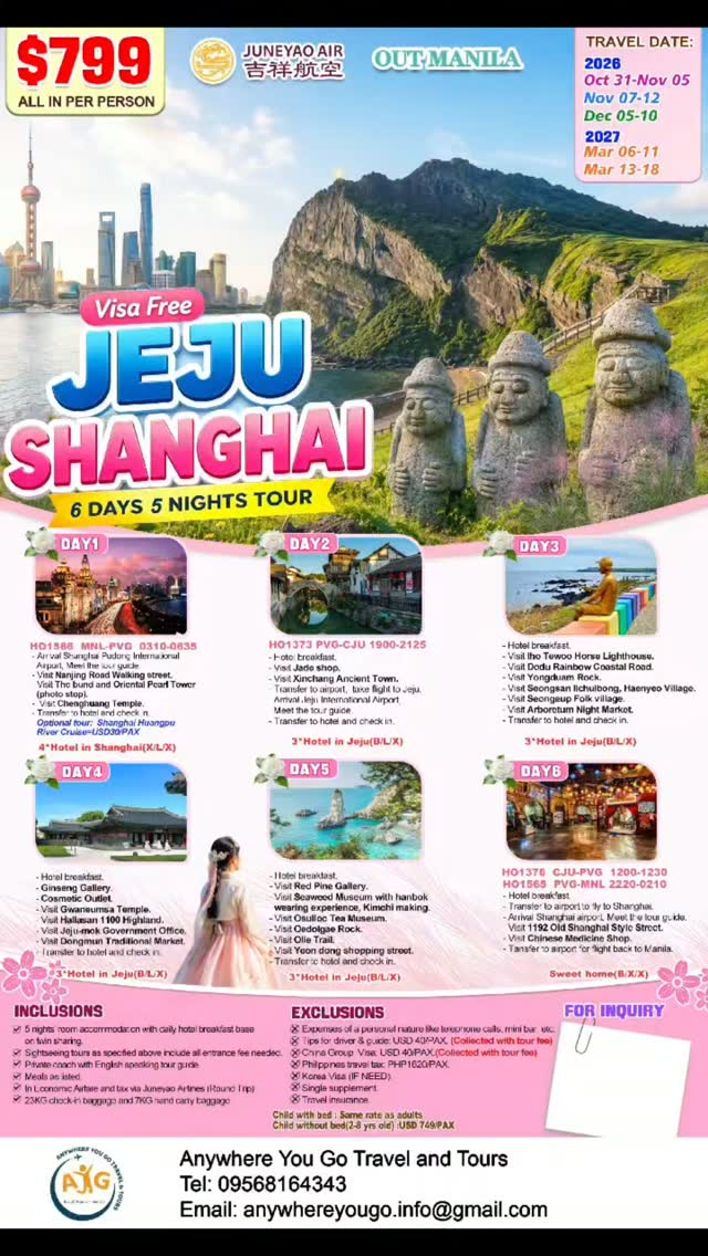 gizemerhan's tweet photo. Jeju–Shanghai 6D5N Tour from $799 all-in per person. Explore Jeju’s scenic charm and Shanghai’s vibrant city life with flights, hotels, breakfast, tours, meals, baggage, and entrance fees included. https://t.co/eayUvpCC1E