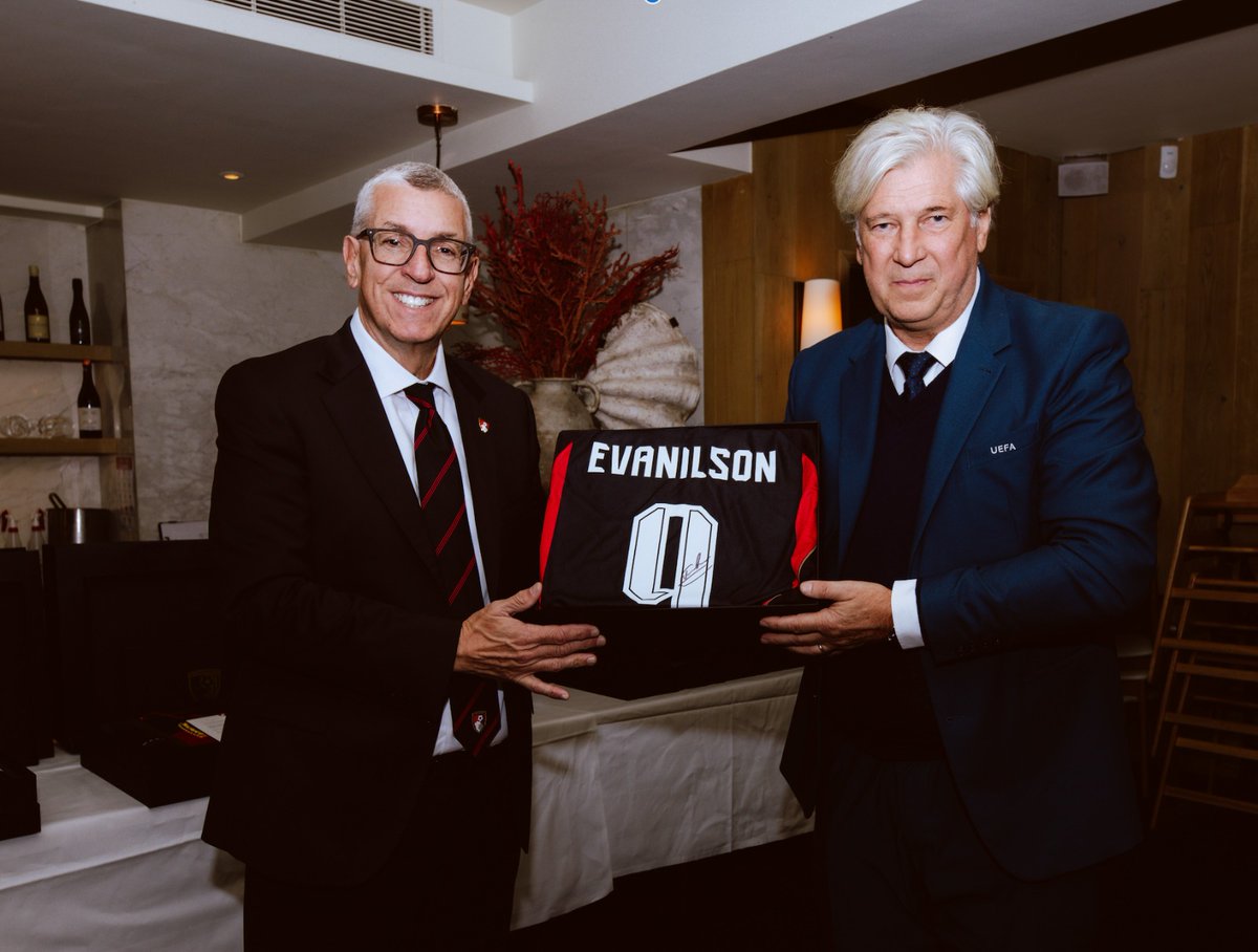 afcbournemouth's tweet photo. A pleasure to host @acmilan and @UEFA this afternoon ahead of what will be another historic occasion for our football club 🤝 https://t.co/rl5dQSUP69
