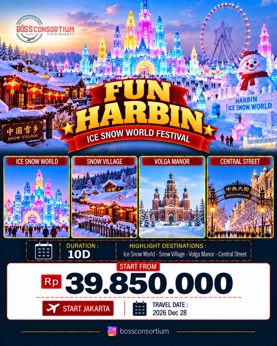 leticiarochaS2's tweet photo. FUN HARBIN – ICE SNOW WORLD FESTIVAL

Nikmati liburan musim dingin di Harbin: Ice Snow World, Snow Village, Volga Manor, dan Central Street. 10D, berangkat dari Jakarta
Mulai Rp39. 850. 000
28 Desember 2026

Booking &amp; info: 0815 3657 3577 https://t.co/XIgdZBTdiT