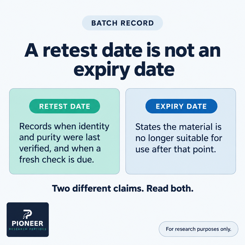 PioneerPeptides's tweet photo. A retest date records when identity and purity were last verified. An expiry date says the material is no longer suitable after that point. Read both. For research purposes only. #COA #HPLC #Peptides #LabTech #QC #Research https://t.co/Kt0y2Cnnd5
