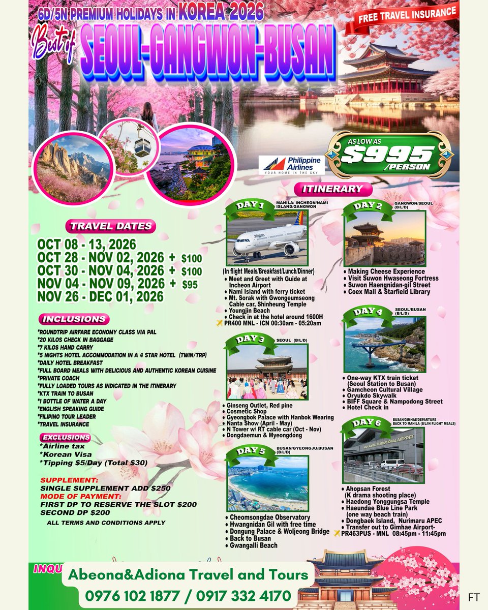 chssi504's tweet photo. Korea 2026 Premium Holiday: 6D/5N Seoul, Gangwon, Gyeongju and Busan escape. Includes Philippine Airlines flights, 4-star hotels, meals, tours, KTX to Busan and free travel insurance. Message us for dates and bookings. https://t.co/iEK66MGYUy