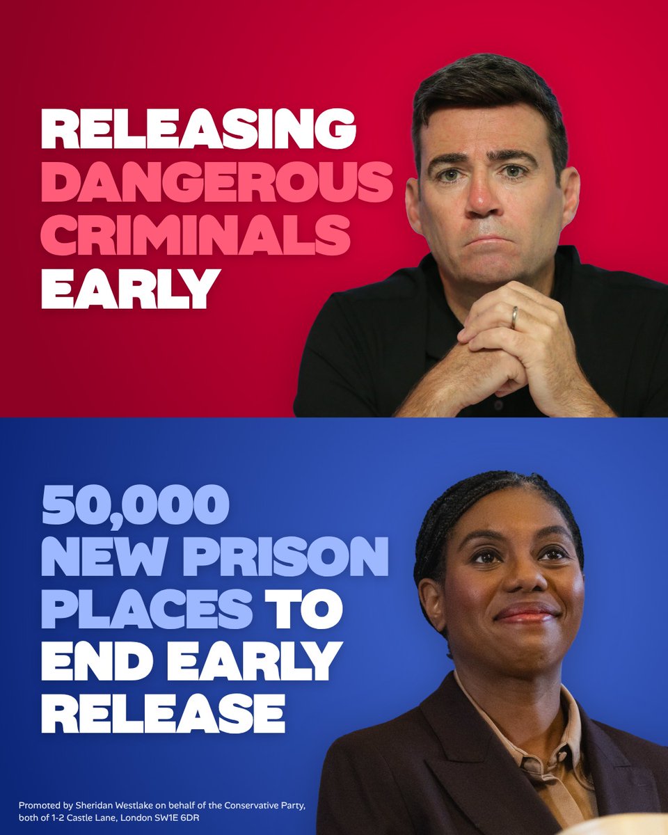 Conservatives's tweet photo. Criminals should be behind bars, not released early because prisons are full.

We have a plan to build 50,000 new prison places and end Labour’s early release. https://t.co/nRwWIxeAUY