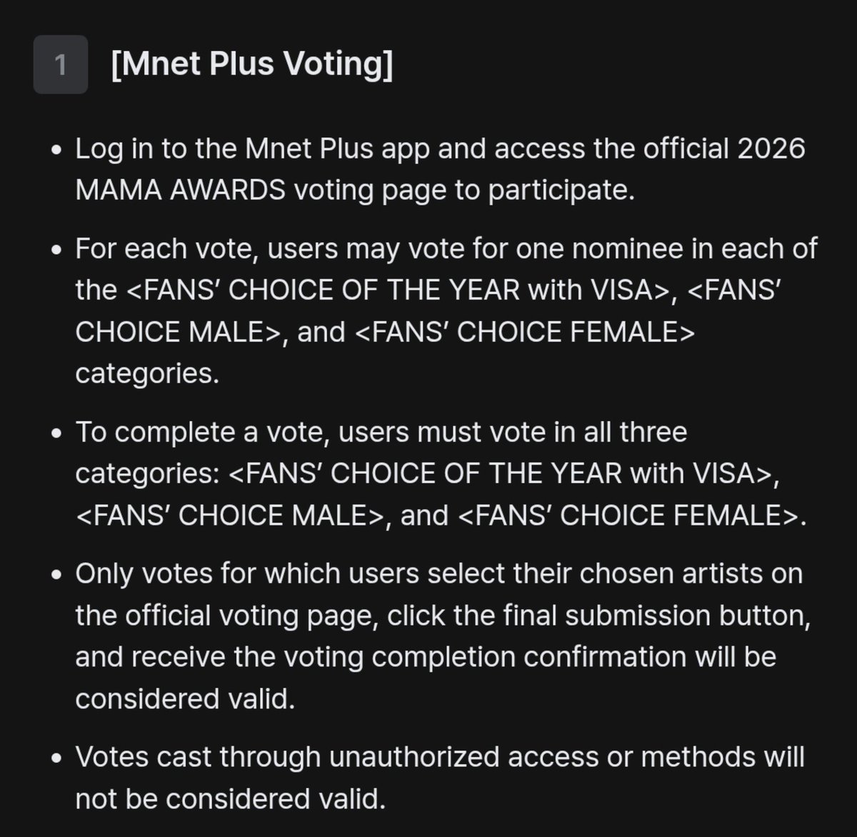 jjong_operatorr's tweet photo. 📢 ENGENEs, be ready for 2nd vote on MAMA 2026🚨

1. Top 20 nominees will advance to 2nd round based on 1st voting results.

2. Fans’ Choice of the Year: 40 nominees total (top 20 Male + top 20 Female)*

3. 🗓 26.10.28 18:00 - 26.11.08 23:59 (KST)

*have to vote all 3 categories! https://t.co/PaV7x60m08