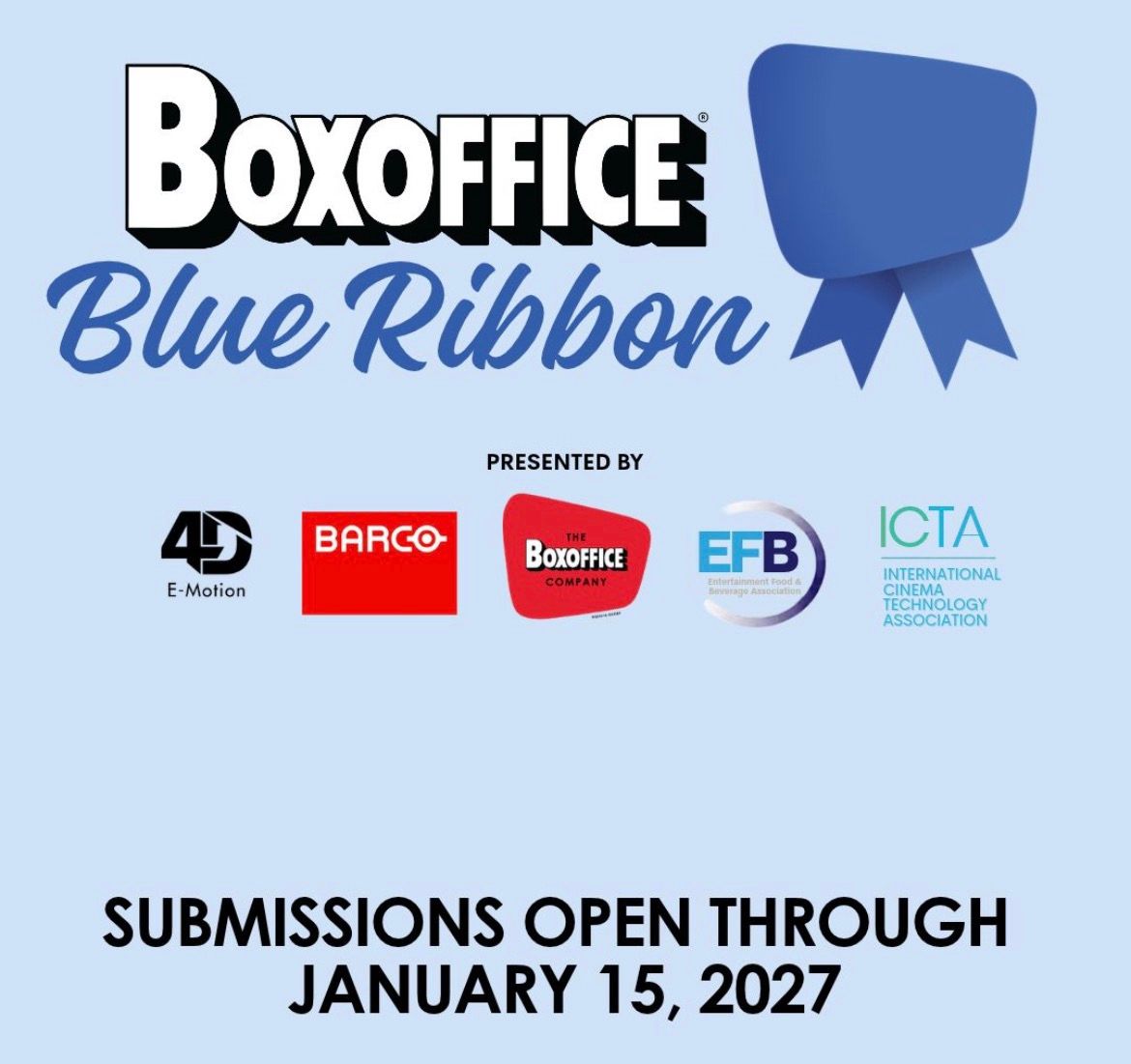 BoxOffice's tweet photo. The submissions portal for our 2027 class of Boxoffice Blue Ribbon is now open.

Recognizing exceptional new cinema builds &amp; renovations since 2020, this initiative recognizes the investment and innovations redefining the moviegoing experience.

Submit at: https://t.co/FYl79IIpNo https://t.co/IGrO8CWvnd