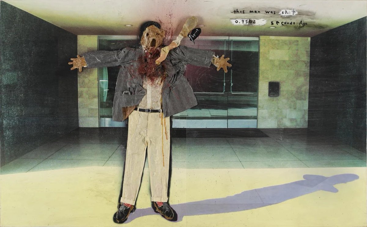 Gollypon's tweet photo. This Man Was Shot 0.9502 Seconds Ago
(2004)

one of my favorite paintings of all time https://t.co/qmGLTwsYO7
