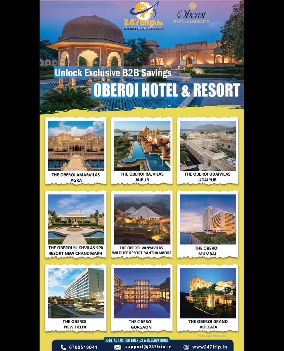 beatrizramiben's tweet photo. Unlock exclusive B2B savings on The Oberoi Hotels &amp; Resorts. Access premier rates at India’s iconic luxury properties with 247trip. Deliver exceptional stays, seamless booking support, and competitive margins for your clients. https://t.co/EIpBQa91qd
