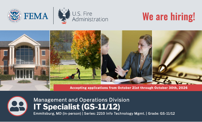 usfire's tweet photo. The USFA is looking for a detail oriented person with experience overseeing Information Technology (IT) strategy, plans, and systems. If you have these skills, join our team! 

Learn more: https://t.co/myCNnvbCBm
https://t.co/d4BXP6j4mE https://t.co/SadObpZcez