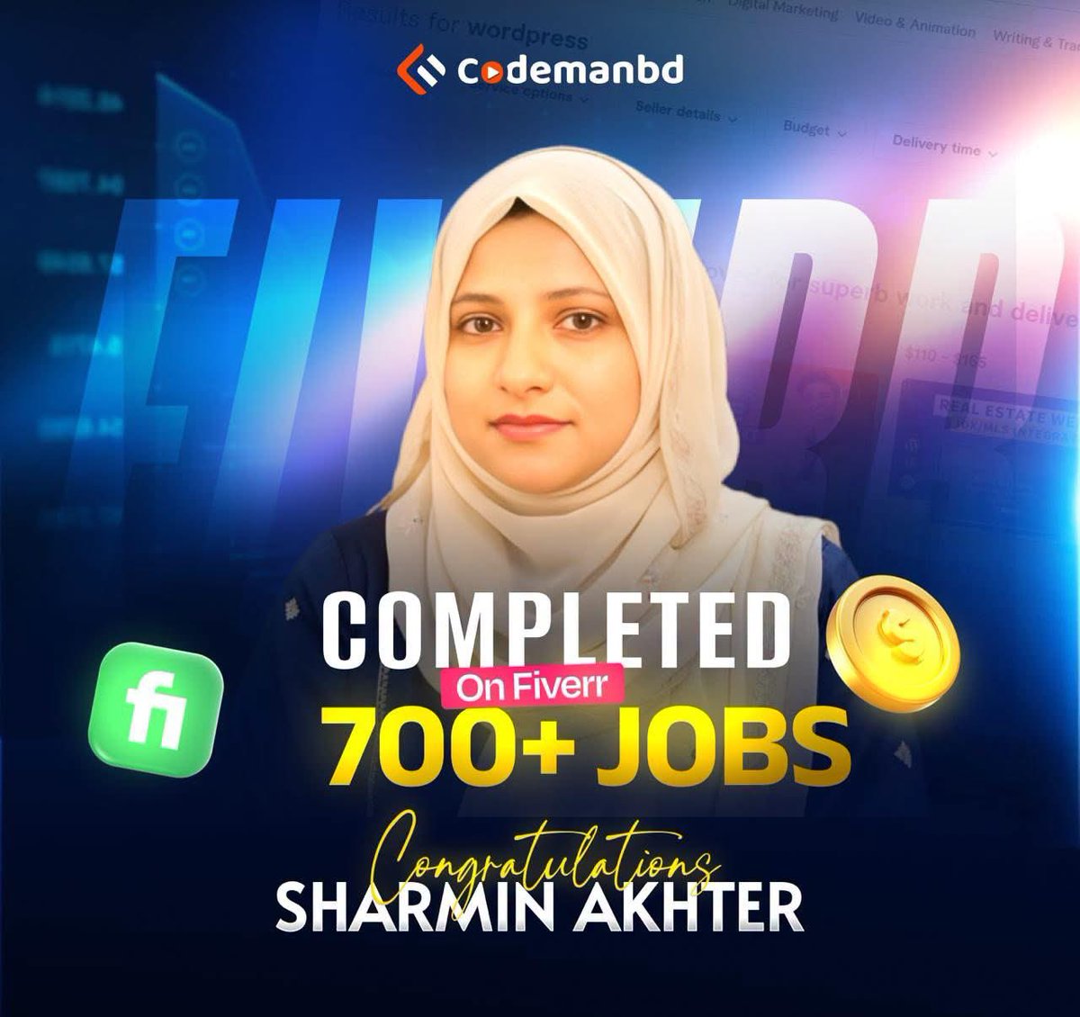 codemanbd's tweet photo. অনেক শুভকামনা Sharmin Akhter ফাইভার ও আউট অফ মার্কেটপ্লেসে ৭০০+ জব সম্পন্ন করার জন্য। #CodemanBD | #LearnersSuccess https://t.co/rd0A6G83ak