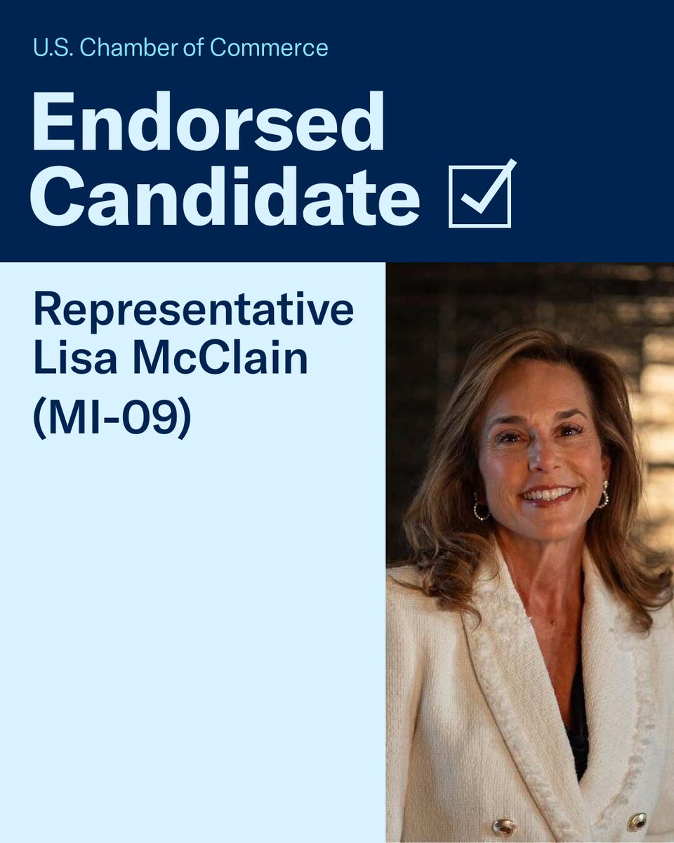 USChamberAction's tweet photo. The @uschamber is proud to endorse @LisaForCongress in #MI09.

Read more: https://t.co/Hyr04E4Hnr https://t.co/WEc2BOXxqf