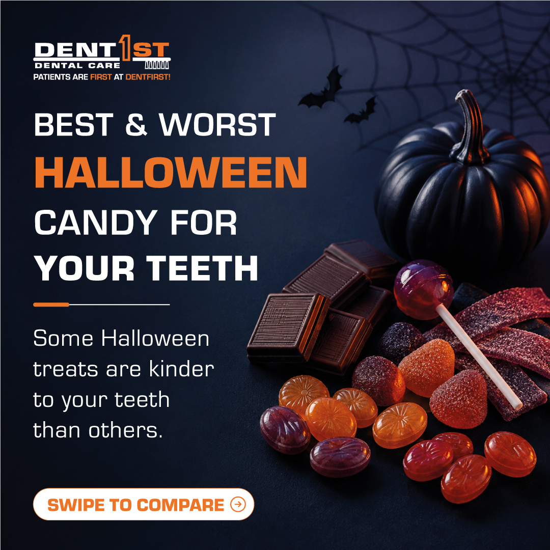 DentFirst's tweet photo. Not all Halloween candy is equal for your teeth. Plain chocolate is less sticky, while gummy, hard and sour candy can be tougher on enamel. Enjoy treats in   moderation, drink water and brush. #Halloween #DentalTips #DentFirst https://t.co/P51novOa9t