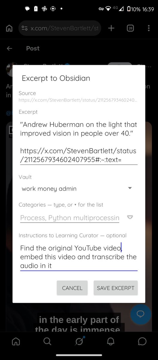 Loster's tweet photo. Example of my Hermes agent capturing and curating content I'm interested in. 

I shared this quote tweeted tweet to my "Excerpt Anywhere" app. Gave my agent the instructions in the input box in it.

Second attachment: the result I found later in obsidian. https://t.co/lVVRKP13S6