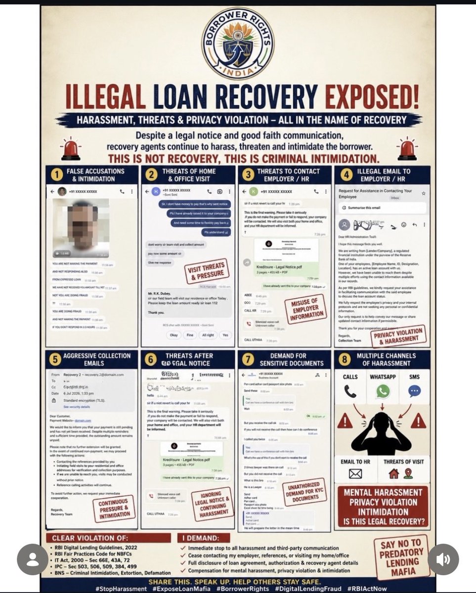 BorrowerRicwg8's tweet photo. Borrowers deserve recovery, NOT harassment. Threats, employer intimidation &amp; privacy violations are NOT acceptable in the name of loan recovery. @RBI @Cyberdost, how long will this continue? 
#BorrowerRights #StopHarassment #RBIActNow https://t.co/pGJPuEybhI