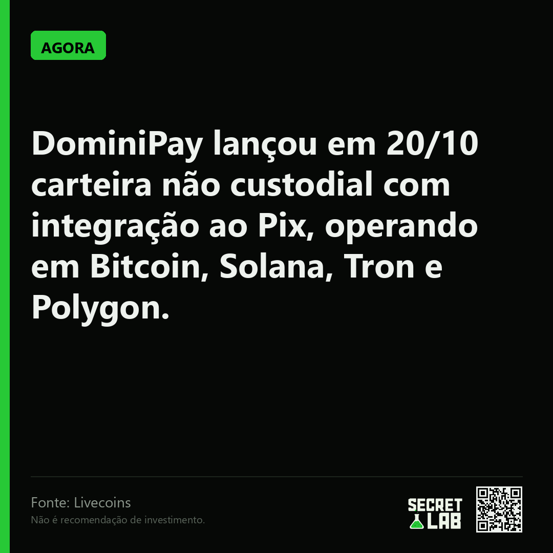 criptomemebr's tweet photo. Carteira cripto que fala a língua do Pix chega ao mercado

DominiPay lançou em 20/10 carteira não custodial com integração ao Pix, operando em Bitcoin, Solana, Tron e Polygon.

(Livecoins) https://t.co/udVjkTkbTu