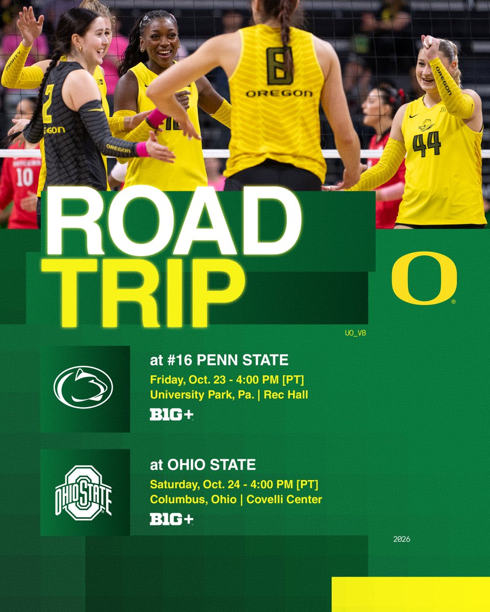 OregonVB's tweet photo. Road mode🔒

Friday at No. 16 Penn State - 4 p.m. PT
Saturday at Ohio State - 4 p.m. PT

Both matches streaming on @BigTenPlus 

#GoDucks https://t.co/YdlBwF8q6C