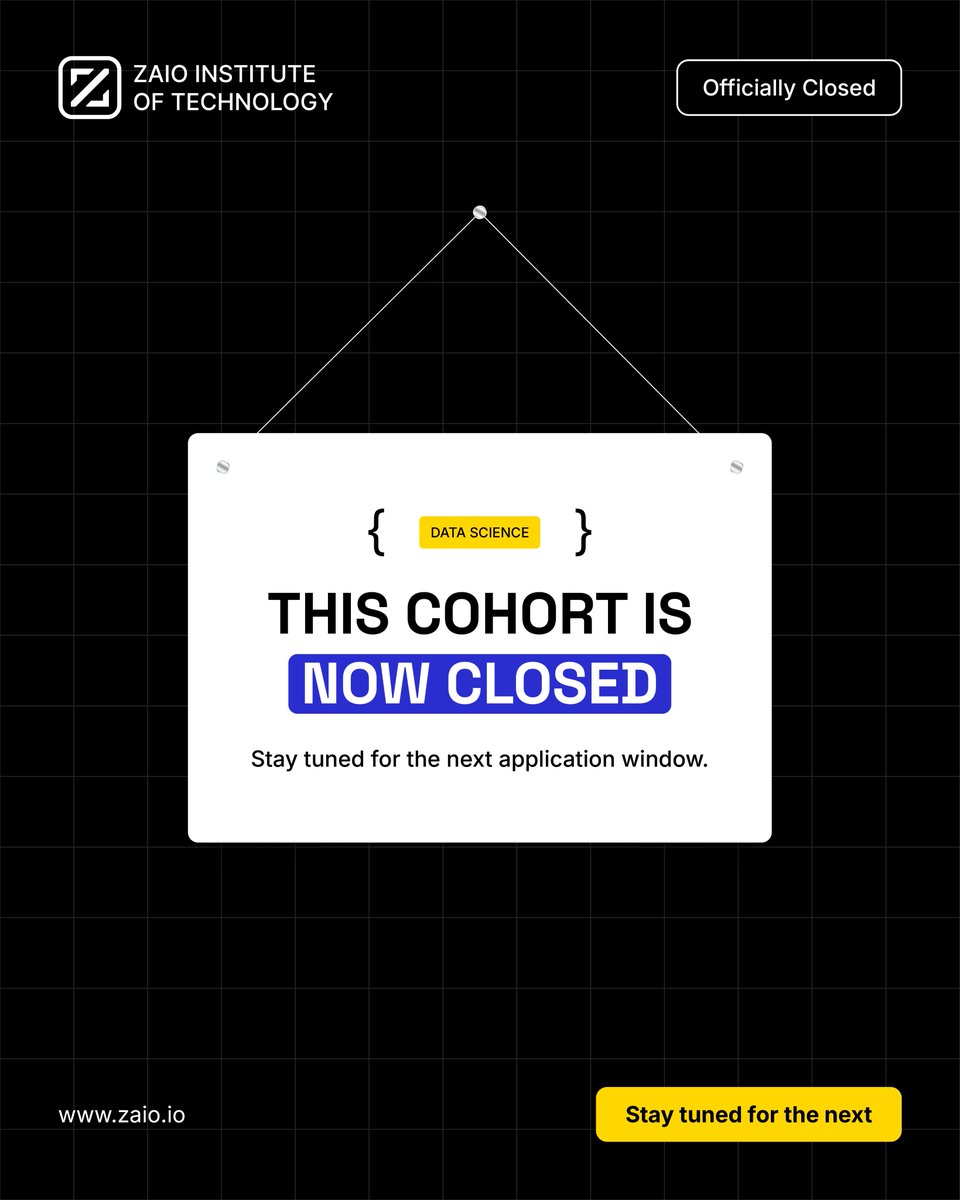 zaiotech's tweet photo. October cohort applications are officially closed! 🔒

This applies to our:
• Cybersecurity bootcamp
• Data Science bootcamp

Follow Zaio for future intake announcements. 👀

#Zaio #Cybersecurity #DataScience https://t.co/shAqlT4Vfc