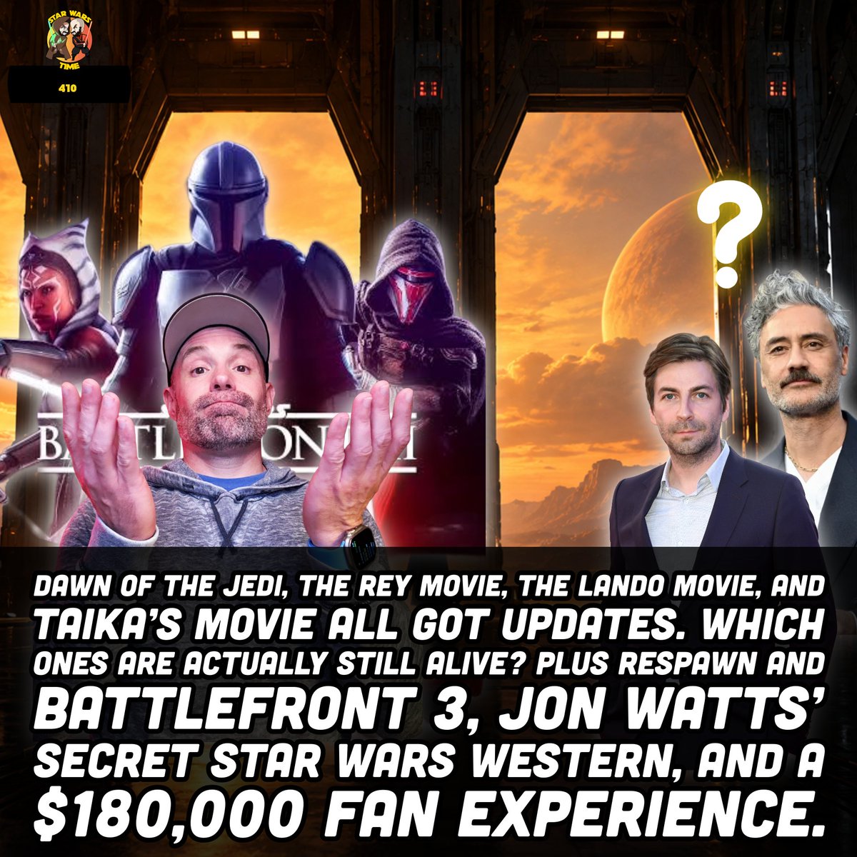 SWTimeShow's tweet photo. Which Star Wars movies are still alive? Dawn of the Jedi, Rey, Lando, and Taika’s movie all got updates, and I break down where each one stands. Plus the Respawn/DICE Battlefront 3 rumor.

 https://t.co/kTbc7XrhBK
https://t.co/nqFlYUlQqJ
#StarWars #StarWarsNews  #Battlefront3 https://t.co/51CoDUVDcS