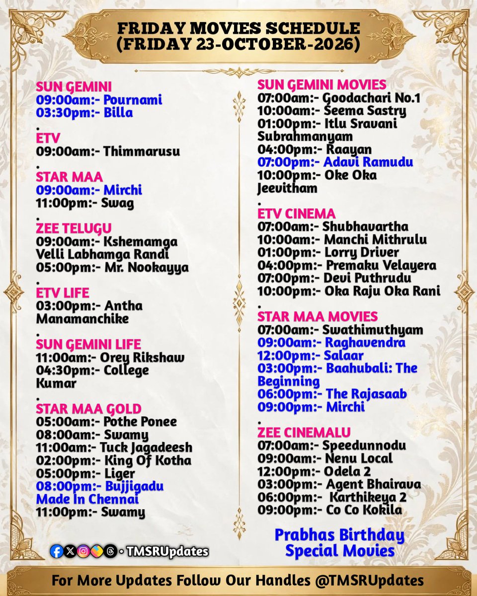 TMSRUpdates's tweet photo. #TMSRUpdates 📺

FRIDAY MOVIES SCHEDULE
(FRIDAY 23-OCTOBER-2026) https://t.co/FoorUl3CNJ