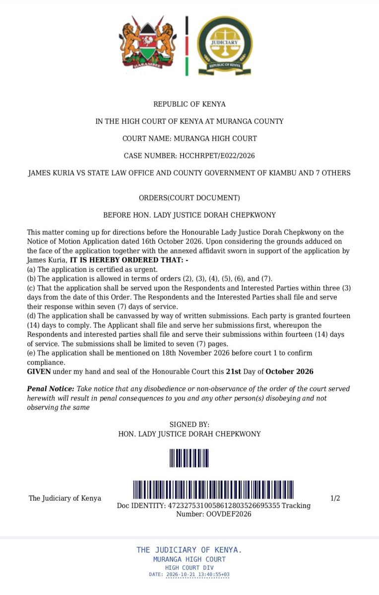 HonKangata's tweet photo. High Court Murang'a today issued orders protecting https://t.co/lEKsNTmNMv county health system against CS Duale, Digital Health Authority and National Govt entities from interference or shutdown pending hearing.

https://t.co/lEKsNTmNMv is critical to protecting devolved health services and patient care in Murang'a.