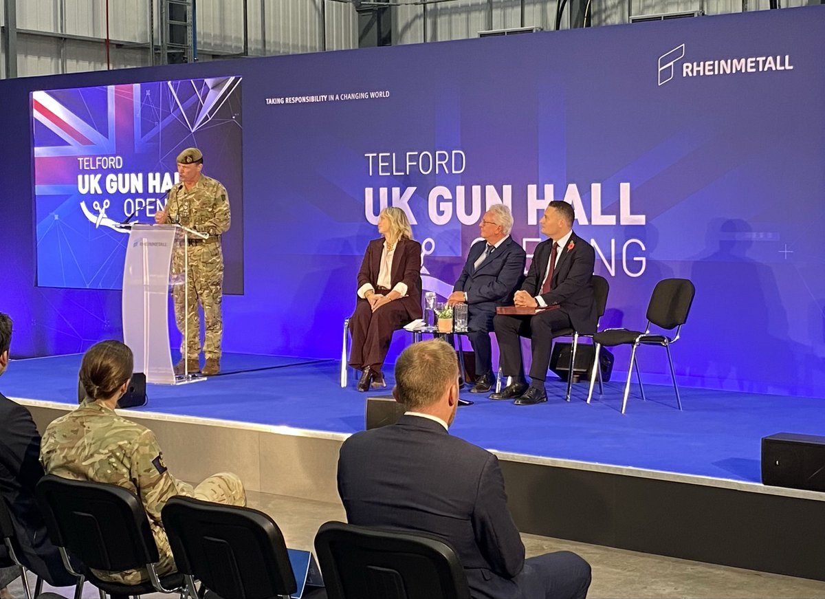 ArmyCGS's tweet photo. For the first time in a decade, large-calibre gun barrels will once again be made in Britain.

Thanks Armin Papperger, @wesstreeting and everyone @RheinmetallAG Telford for today's Gun Hall launch.

Industrial capacity can’t be conjured in crisis - this is a strong step forward. https://t.co/WXOsarvxdI