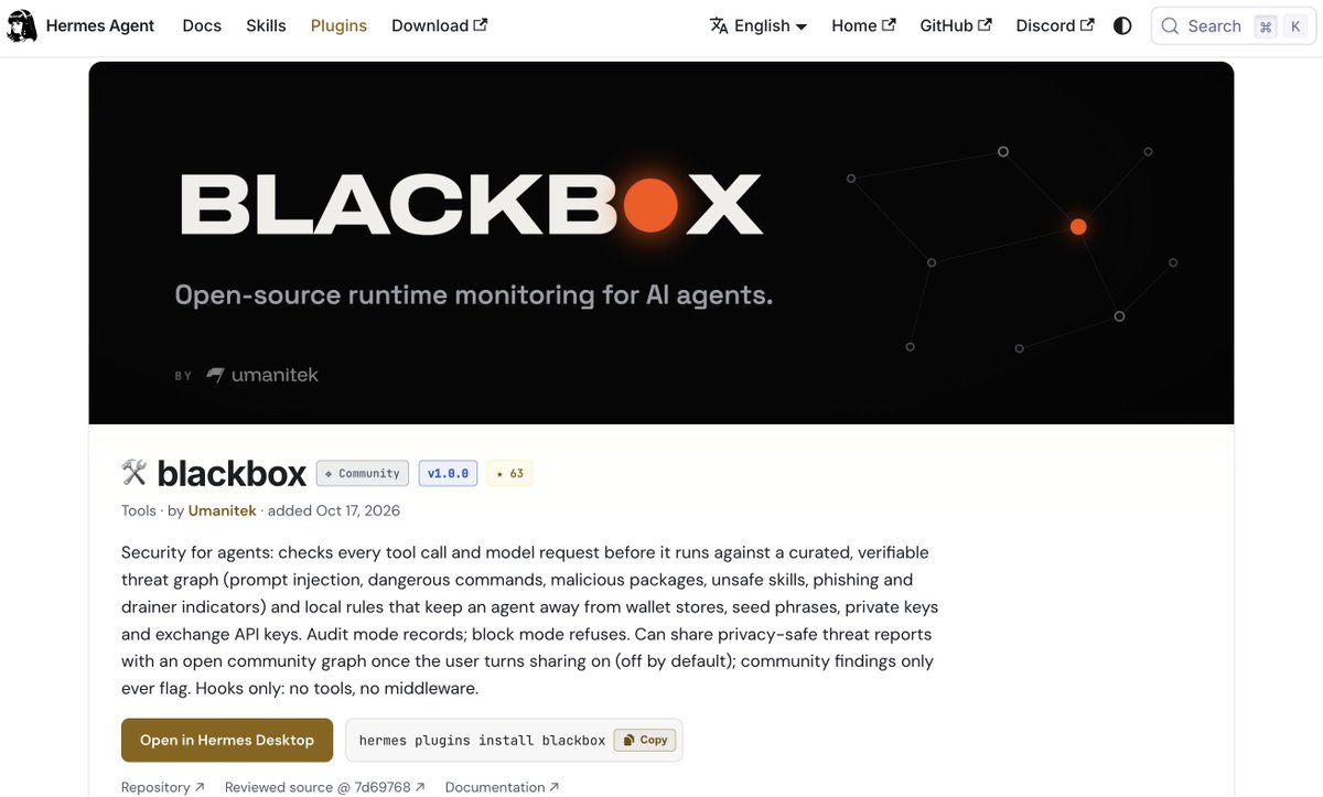 umanitek's tweet photo. Thank you @Teknium 🙏

Agent Blackbox is now officially listed in the Hermes Plugin Catalog. Grateful to you and the @NousResearch team for reviewing it and welcoming us in.

We are proud to help keep ALL #AI #Agents safe with Hermes. 

More coming 🛡️ https://t.co/EHCAD80tkn
