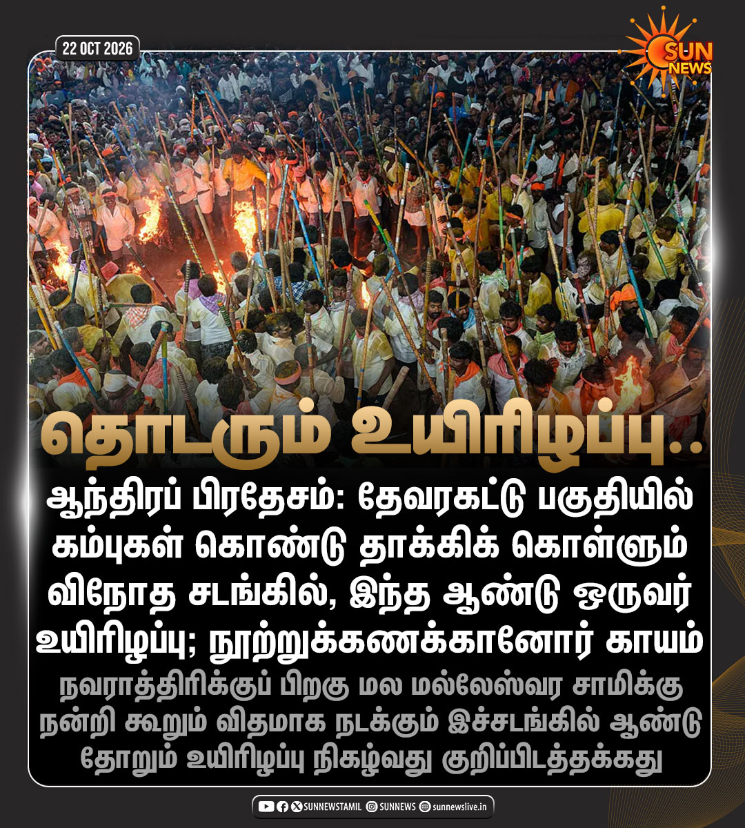 sunnewstamil's tweet photo. #NewsUpdate | ஆந்திராவில் ஆண்டுதோறும் நடக்கும் ‘கர்லா சாமரம்’ எனும் விநோத சடங்கில் இந்த ஆண்டு ஒருவர் உயிரிழப்பு

கடந்தாண்டு இச்சடங்கில் நால்வரும், 2024ம் ஆண்டு இருவரும் உயிரிழந்திருந்தனர்

#SunNews | #AndhraPradesh | #KarralaSamaram https://t.co/7U8ip497eJ
