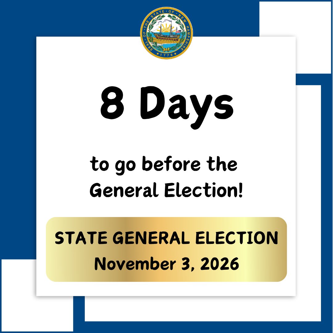NHSecretary's tweet photo. The General Election is in 8 days! 

Visit https://t.co/o2wqxOLogI to make sure you have all the info you need on registering to vote. If you miss the deadline to register before the election, you can register at the polls on election day. https://t.co/ajDB4501p3