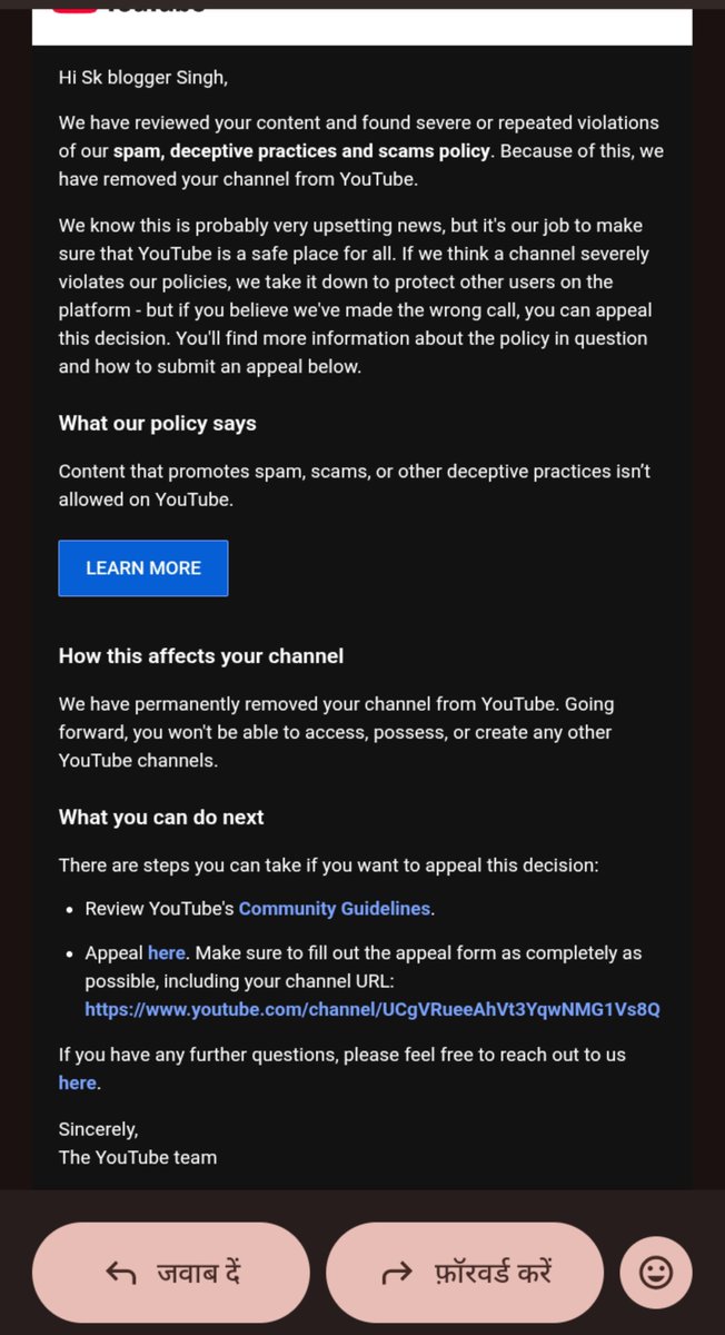 mahakk8k's tweet photo. 🚨 Day 20 of fighting to get my YouTube channel back.@TeamYouTube

20 days of stress, unanswered questions and fighting to get someone to genuinely review my case. 💔
#YouTube #YouTubeSupport #Bri#BringMyChannelBack
Please repost🥺🥺 https://t.co/fHBP5HwLaG